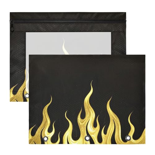 Ordner mit glatten Reißverschlüssen, 3-Loch-Tasche für A4-Papier, Briefe, 2 Stück, Lehrer, Schulanfang, schwarz, fluoreszierend, coole Flamme, Gold von EtherSpher