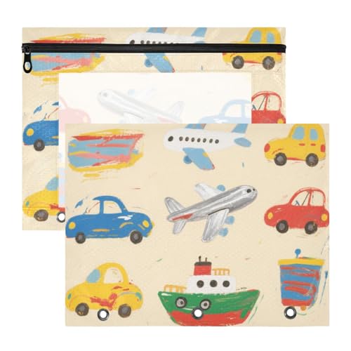 Ordner mit glatten Reißverschlüssen, Taschenordner für A4-Papier, Briefe, 2 Stück, Studenten, Schulanfang, Cartoon, bunte Autos, Schiffe und Flugzeuge von EtherSpher