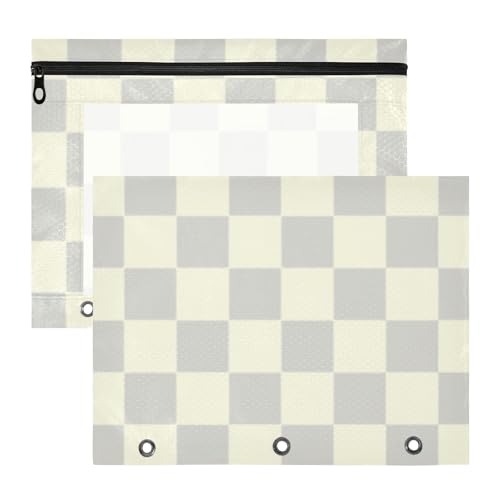 Ordnertaschen mit Reißverschluss, 3-fach Locher, für A4-Papier, Briefe, 2 Stück, Lehrer, Büro, Grau/Beige, Karomuster von EtherSpher