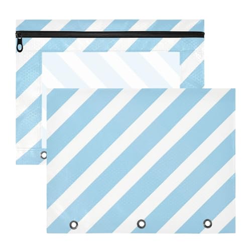 Ordnertaschen mit Reißverschluss, Kunststoff-Aktenordner für 3-Ringe, 2 Stück, Studenten, College-Zubehör, blau und weiß gestreift von EtherSpher