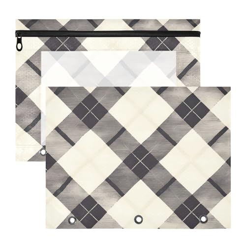 Ordnertaschen mit Sichtfenster, 3 Löcher, Tasche für A4-Papier, Briefe, 2 Stück, Lehrer, Schulbedarf, schwarz / beige kariert von EtherSpher