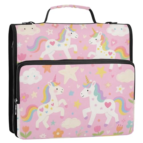 Organizer mit 3 Ringen, Cartoon-Motiv, weiß, Regenbogen-Einhörner, 3,8 cm, mit Schultergurt, einfach zu transportieren, für Dokumente, Akten, Aufbewahrungstasche, geeignet für Mittelschule, Carpeta von EtherSpher