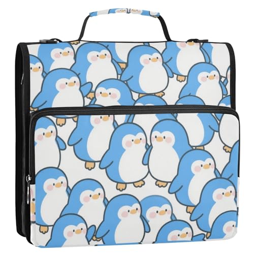 Organizer mit niedlichem Cartoon-Pinguin, blau, 3 Ringe, 3,8 cm, Organizer mit Griff, Laege-Kapazität, tragbar, für Zuhause, Reisen, sichere Aufbewahrungstasche für Mittelschule, Carpeta de Cremallera von EtherSpher