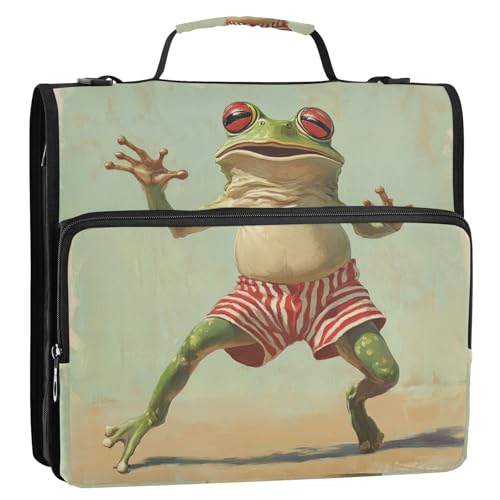 Retro tanzender grüner Frosch, niedliches Ölgemälde, 1/2er-Pack, Ordner, Büroordner, Zubehör, drei Ringe, 3,5 cm mit Klemmbrett (Glückswort) von EtherSpher