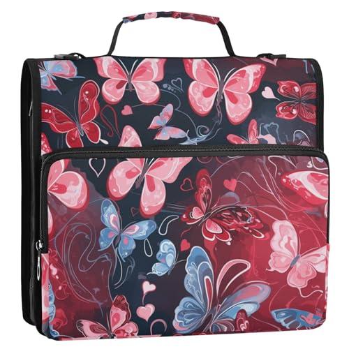 Ringbuch mit 3 Ringen, mit extra Taschen und Griff, mehrere Taschen, Portfolio-Organizer für Schule/Büro, Organisadores de suministros escolares in Rot und Rosa von EtherSpher