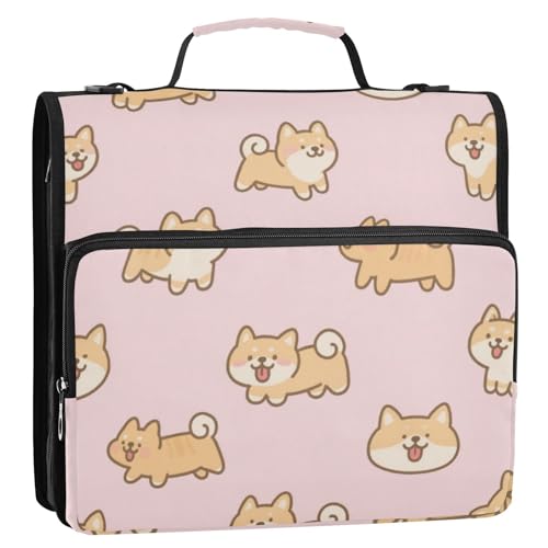 Rosa Cartoon-Hund Shiba Inu 3,8 cm 3 Ringe stabiler Reißverschluss Ordner mit Gurt inklusive Reißverschlusstasche Schulordner Organizer für Mittelschule Encuadernador de cremallera von EtherSpher