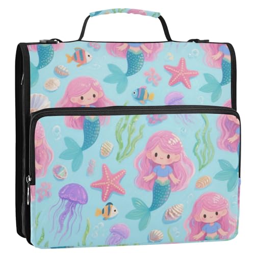 Süßes und Cartoonisches rosa Meerjungfrauen-Quallen-Ordner mit 3 Ringen und extra Taschen mit Griff, mehrere Taschen, Schulordner, Organizer für Schule, Cremallera de Carpeta, 3,8 cm von EtherSpher