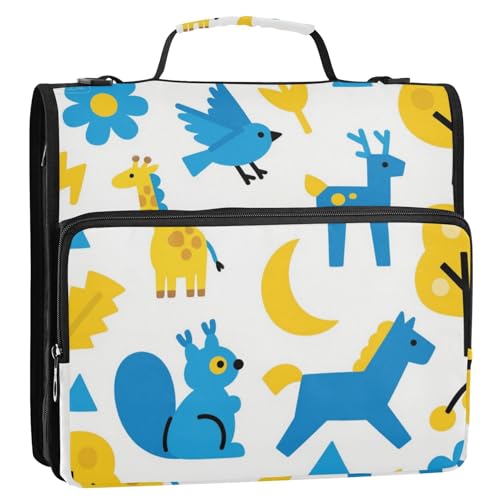 Vector Animal Giraffe Pferd Blau Gelb 3 Ringe 3,8 cm Reißverschluss Ordner mit Griff und abnehmbarem Schultergurt einfach zu tragen Schulordner Organizer für Schule/Büro Clip de Cremallera von EtherSpher
