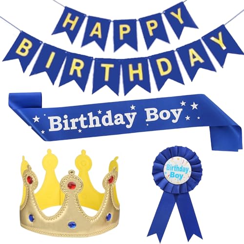 Partydekorationsset für Jungen – 4 Stück, Krone, Schärpe, Happy Birthday Wimpelkette Banner & Abzeichen für Kindergeburtstagsfeier in Blau von Ethlomoer