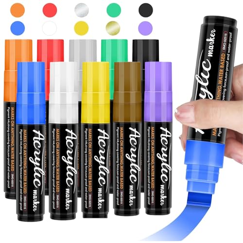 Marker, 10 Farben 15mm Acrylstifte Breit, Acrylic Paint Marker Wasserfest und Permanent, 3-in-1 Jumbo Acrylfarben Graffiti Stifte Acrylmarker für DIY, Malpapier, Steine, Keramik, Glas, Holz, Leinwand von Etievort