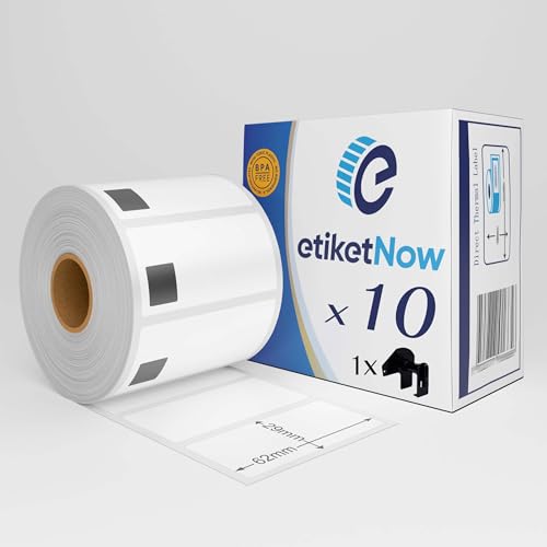 EtiketNow - 10 Rollen Brother DK-11209 kompatiblen Etiketten, 800 Etiketten, 62 mm x 29 mm, Permanent, Weiß, mit wiederverwendbarem Halter von EtiketNow