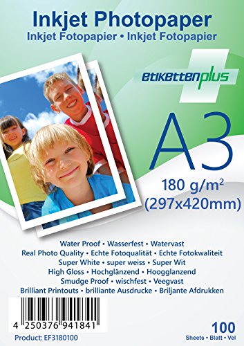 EtikettenPlus Ltd Fotopapier, 100 Blatt, EF3180100, A3 (297x420 mm) 180g/qm glänzend (glossy), wasserfest, sofort wischfest für alle Tinten- und Fotodrucker