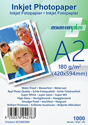 EtikettenPlus Ltd Fotopapier, 10000 Blatt, EF218010000, A2 (420x594 mm) 180g/qm glänzend (glossy), wasserfest, sofort wischfest für alle Tinten- und Fotodrucker von EtikettenPlus Ltd