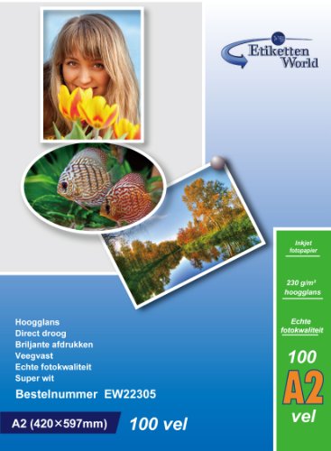 100 Blatt EtikettenWorld Fotopapier A2 230g/qm hochglänzend wasserfest von EtikettenWorld