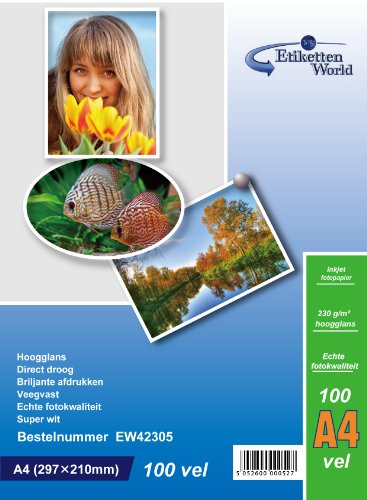 100 Blatt EtikettenWorld Fotopapier A4 230g/qm hochglänzend wasserfest von EtikettenWorld