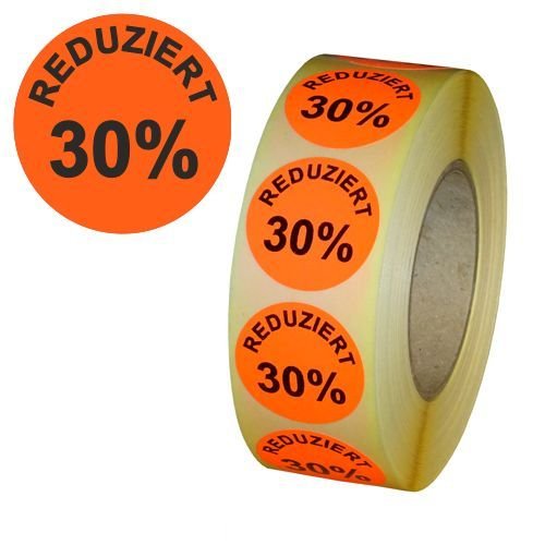 Aktionsetiketten "REDUZIERT 30%" - Durchmesser 30 mm - Leuchtrot - 10 x 1.000 Stück von Etikettenshop Thon