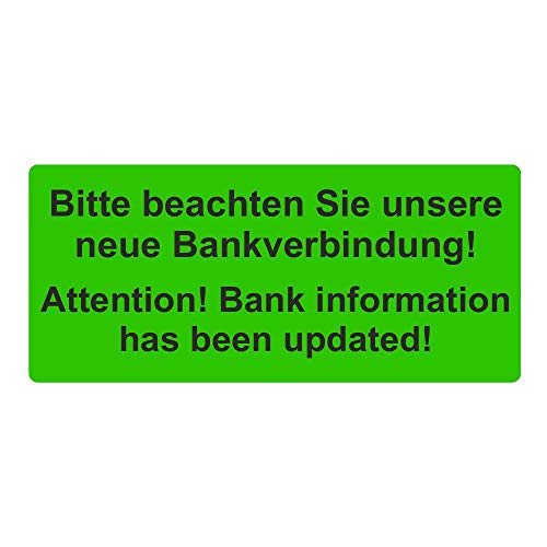 Aufkleber/Etiketten"Bitte beachten Sie unsere neue Bankverbindung! / Bank information has been updated!" auf Rolle - 56 x 25 mm - 1.000 Stück (Leuchtgrün) von Etikettenshop Thon