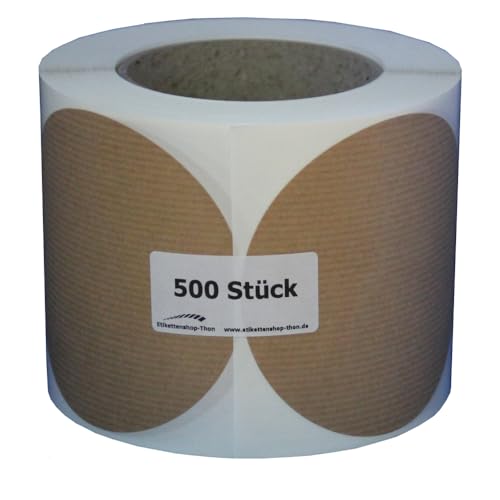 Kraftpapier Aufkleber, rund, Durchmesser 20,30,40,50,60,80 und 100 mm, rechteckig 50x50, 75x50 und 100x50 mm, Etiketten - selbstklebend zum beschriften, braun (Durchmesser 100 mm - 500 Stück) von Etikettenshop Thon