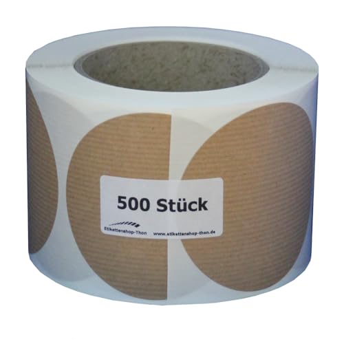 Kraftpapier Aufkleber, rund, Durchmesser 20,30,40,50,60,80 und 100 mm, rechteckig 50x50, 75x50 und 100x50 mm, Etiketten - selbstklebend zum beschriften, braun (Durchmesser 80 mm - 500 Stück) von Etikettenshop Thon