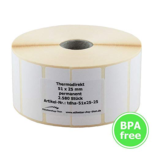 Thermo Etiketten auf Rolle - 51 x 25 - mm - 2.580 Stück - Hülse 25 mm - permanent haftend - BPA free von Etikettenshop Thon
