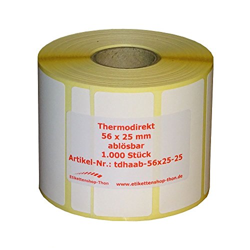 Thermo Etiketten auf Rolle - 56 x 25 - mm - 1.000 Stück - Hülse 25 mm - ABLÖSBAR Thermo Etiketten auf Rolle - 56 x 25 - mm - 1.000 Stück - Hülse 25 mm - ABLÖSBAR von Etikettenshop Thon