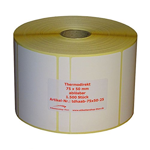 Thermo Etiketten auf Rolle - 75 x 50 - mm - 1.500 Stück - Hülse 25 mm - ABLÖSBAR von Etikettenshop Thon