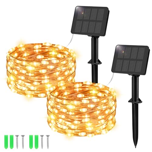 Etopgo [2 Stück Solar Lichterkette Aussen 5M 50 LED Lichterkette Außen 8 Modus IP65 Wasserdicht Kupferdraht Solarlichterkette Außen Wetterfest für Balkon, Hof, Garten, Party, Dekorationen (Warmweiß) von Etopgo