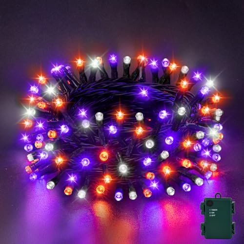 Etopgo Halloween Dekorationen Lichterkette 5M 50LED Orange Lila Weiß Lichterketten Batterie mit Timer, IP65 Wasserdicht Halloween Deko Outdoor für Innen Außen, Party, Garten von Etopgo