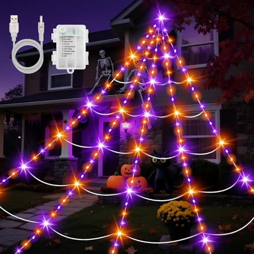 Etopgo Spinnennetz Halloween Deko Outdoor Lichterkette, 5m*6m 150LED Halloween Spinnennetz Lichter mit 8 Modi und Timer, Batterie+USB, Wasserdicht Lila Orange Lichterkette für Hof/Garten/Party von Etopgo