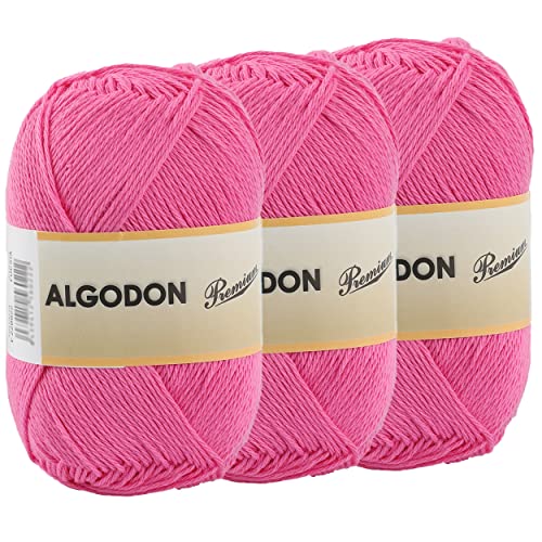 Baumwollgarn 100% Baumwolle 220 Meter zum Stricken und Häkeln, Packung mit 3 x 100g, Farbe Fuchsia von Etrexonline