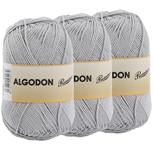 Baumwollgarn 100% Baumwolle 220 Meter zum Stricken und Häkeln, Packung mit 3 x 100g, Farbe Grau-Silber von Etrexonline