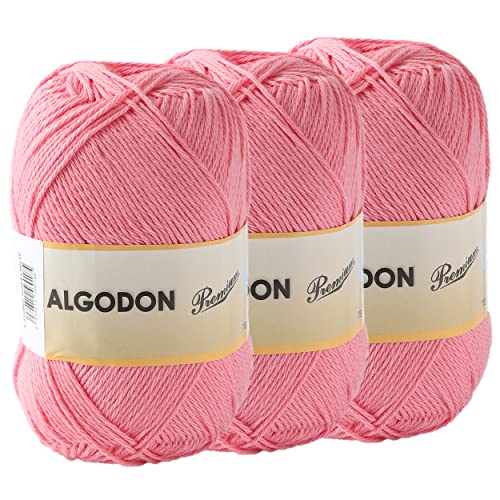 Baumwollgarn 100% Baumwolle 220 Meter zum Stricken und Häkeln, Packung mit 3 x 100g, Farbe Kaugummi-rosa von Etrexonline