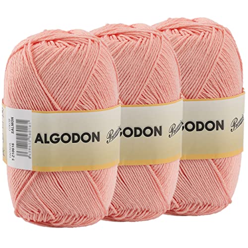 Baumwollgarn 100% Baumwolle 220 Meter zum Stricken und Häkeln, Packung mit 3 x 100g, Farbe Lachs von Etrexonline