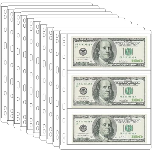 Ettonsun 10 Blatt Währungshüllen, Papier, Geldsammelbedarf, Seiten, Währungssammelseite, Standard-9-Loch-Münzbinderhüllen für Gutscheine, Rechnungen, Geldscheine, Währungssammlung (3 Taschen) von Ettonsun