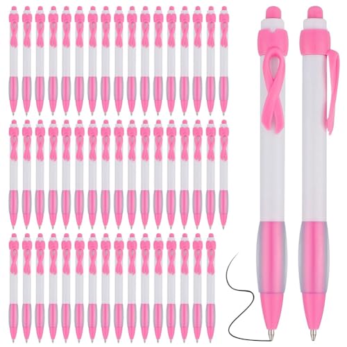 Etyrerre 50 Stück Pink Ribbon Pens Bulk, Schwarze Tinte, Einziehbare Kugelschreiber für Bürobedarf, Frauen, Mädchen, Geschenk, Einfach zu Verwenden, Pink von Etyrerre