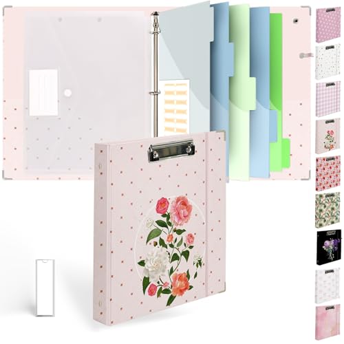 Etzul Ringbuch mit 3 Ringen, mit Klemmbrett – weiches rosa Blumendesign, inklusive Trennwänden, Aktenbeutel und Rückenschild – perfekt für Studenten, Lehrer und Profis von Etzul