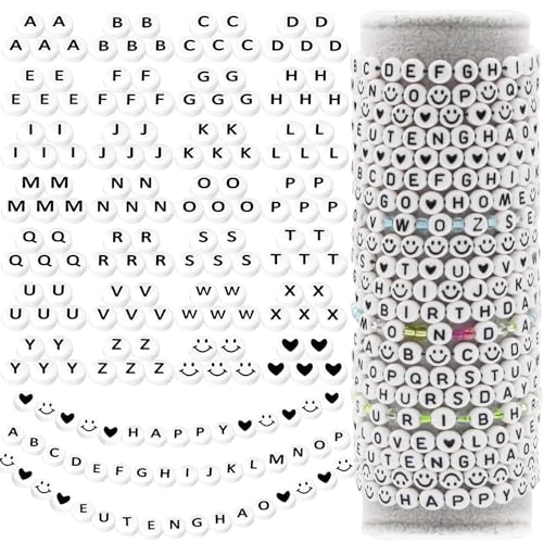 EuTengHao1000 Stück Buchstabenperlen Set 28 Styles Alphabet Perlen Smiley Gesicht Perlen Herz Perlen für Armbänder Halskette Freundschaft Schmuck machen (weiße Perlen schwarzer Buchstabe) von EuTengHao