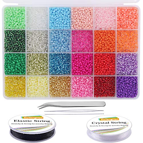 EuTengHao Glas-Rocailles, kleine Bastelperlen, kleine Perlen für DIY-Armbänder, Halsketten, Basteln, Schmuckherstellung, Zubehör mit zwei 0,6 mm transparenten Armbandschnüren (3 mm, 550 pro Farbe, 24 von EuTengHao