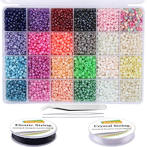 EuTengHao 6000 Stück Glassamenperlen Kleine Bastelperlen Kleine Perlen für DIY-Armbandketten Basteln von Schmuckherstellungszubehör mit zwei 0,8 mm Armbandschnüren (4 mm, 250 pro Farbe, 24 Farben) von EuTengHao