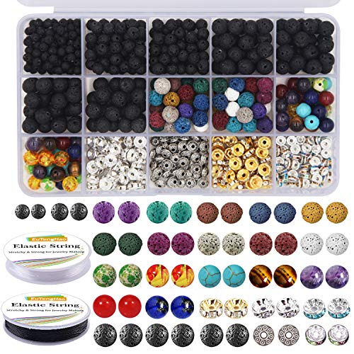 EuTengHao 602 Stück Lava-Perlen, Stein-Sets mit 8 mm Chakra-Perlen und Abstandshaltern, Perlen, Armband, elastische Schnur für diffuse ätherische Öle, Erwachsene, DIY-Schmuckherstellungszubehör von EuTengHao