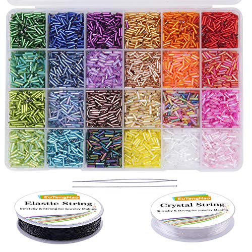 EuTengHao 9600pcs Tube Beads Kit Glas Bugle Seed Beads Kleine Bastelperlen für DIY-Armbandketten Basteln von Schmuckherstellungszubehör mit zwei Kristallschnüren (7 mm, 400 pro Farbe, 24 Farben) von EuTengHao