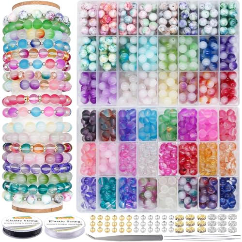 EuTengHao Runde Glasperlen für die Schmuckherstellung Kristallperlen Druck Perlen mit Abstandhalter Perlen elastische Schnüre für Armband Halskette DIY Crafts (10mm/48 Farben) von EuTengHao