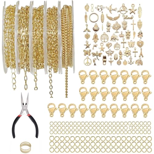 Euakee 5 Rollen Gliederkette Gold, Schmuckkette Gliederkette Meterware, Schmuckherstellung Zubehör, Ketten Selber Machen Set, Schmuckketten zum Basteln, Halskettenketten Zubehör mit Ringen von Euakee