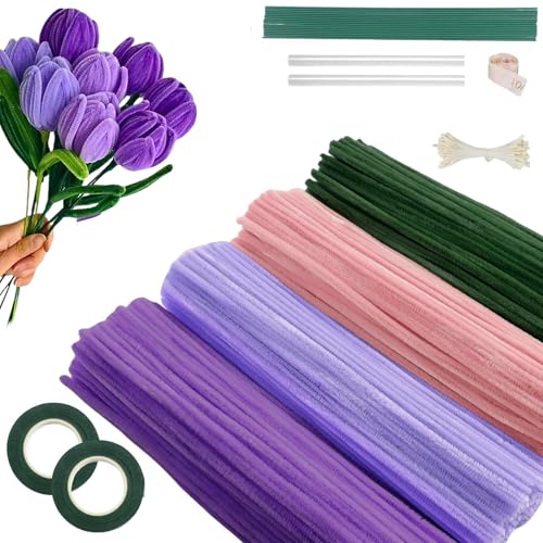 Lila Tulip Bouquet Pfeifenreiniger Set, Pfeifenreiniger Blumen Set, Pfeifenputzer Blumen Zum Basteln, Mit Grüne Blumenstöcke, Klebebandrollen, Anleitungen, Bänder, Staubgefäße (Lila) von Euakee
