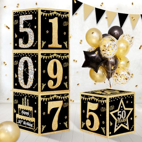 Eucutur 4 Stück 50. Geburtstag Dekorationen Boxen für Männer Frauen Schwarz Gold Happy 50th Birthday Vintage 1974 Luftballons Boxen Partyzubehör 50 Jahre alt Geburtstag Dekorationen Kartenbox Dekor von Eucutur