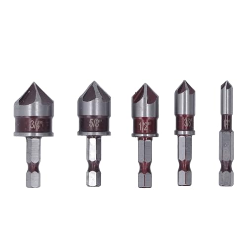 Eujgoov 3pcs Hex Shank Countersink Bit Set, Glatte Schneidkanten, 1/4, 3/8, 1/2, 5/8, 3/4in, für Holz, Plastik, Brett, Schleimentool mit 5 Schnittkanten, Geeignet für Job von Eujgoov