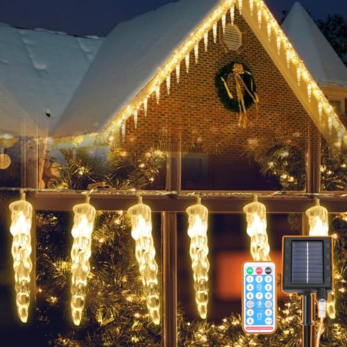 Eulenke Eiszapfen Lichterkette solar, warmweiß icicle lights mit fernbedienung, IP44, 8modi und Speicherfunktion, Geeignet für Hochzeiten, Weihnachten und andere Feiertage, 10M(80Zapfen) von Eulenke
