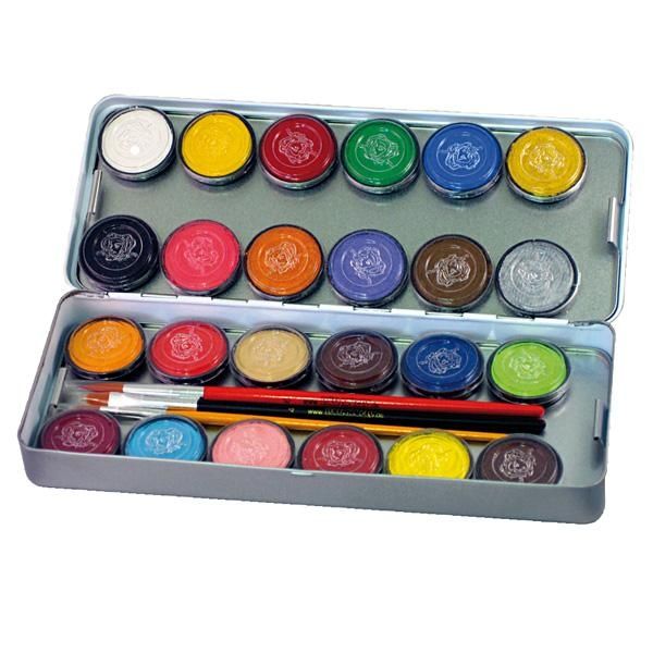 24 Schmink Farben, Metall-Palette, 24 mal 5g Farben, 3 Profi-Schminkpinsel von Eulenspiegel