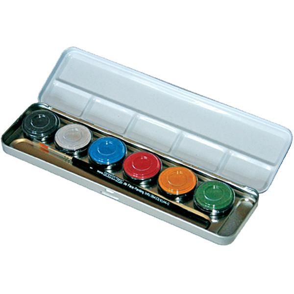 6 Perlglanz-Farben, Schmink Kit als Palette im Metalletui, nachfüllbar, u. Profi Schmink Pinsel von Eulenspiegel