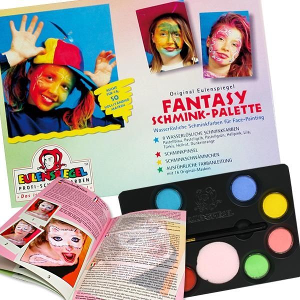 Fantasy-Schminkpalette, mit 8 Farben, Schminkpinsel, Make Up Schwamm, ausführl.Anleitung von Eulenspiegel